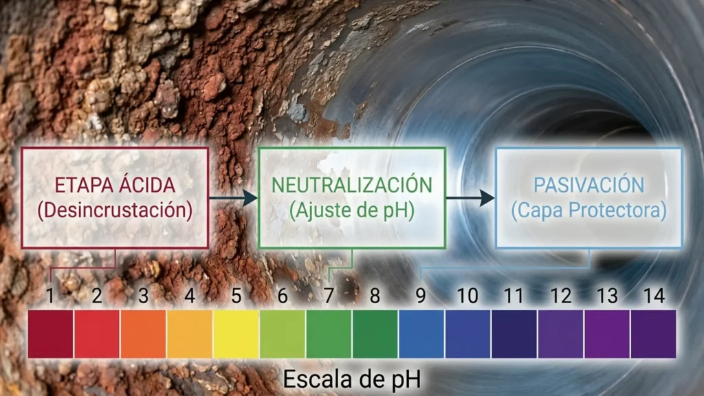 Etapas del proceso de limpieza química.