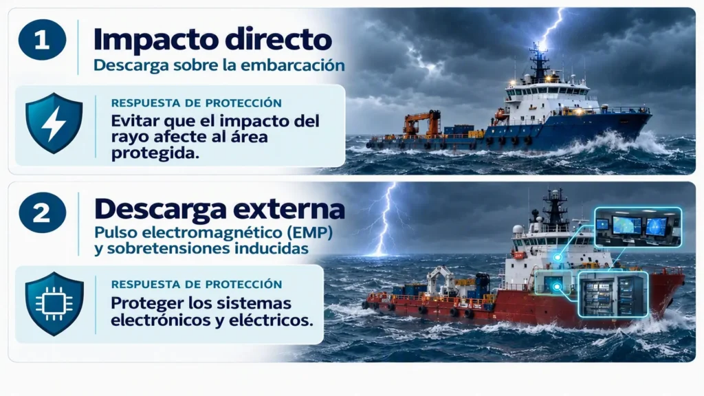 Diferencia entre el impacto directo del rayo y los efectos indirectos asociados con pulsos electromagnéticos y sobretensiones inducidas en una embarcación.