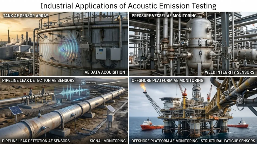 Aplicaciones industriales de la emisión acústica en tanques, recipientes a presión, tuberías y plataformas offshore.