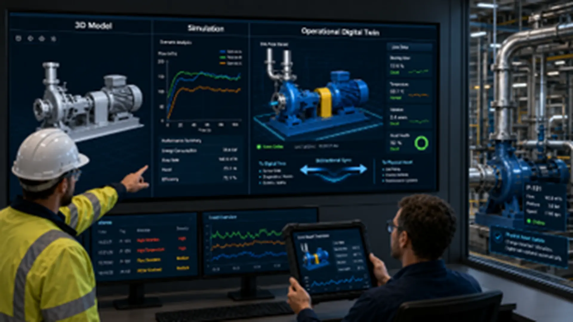 Comparación entre modelo 3D, simulación convencional y gemelo digital operativo conectado a datos reales de planta.