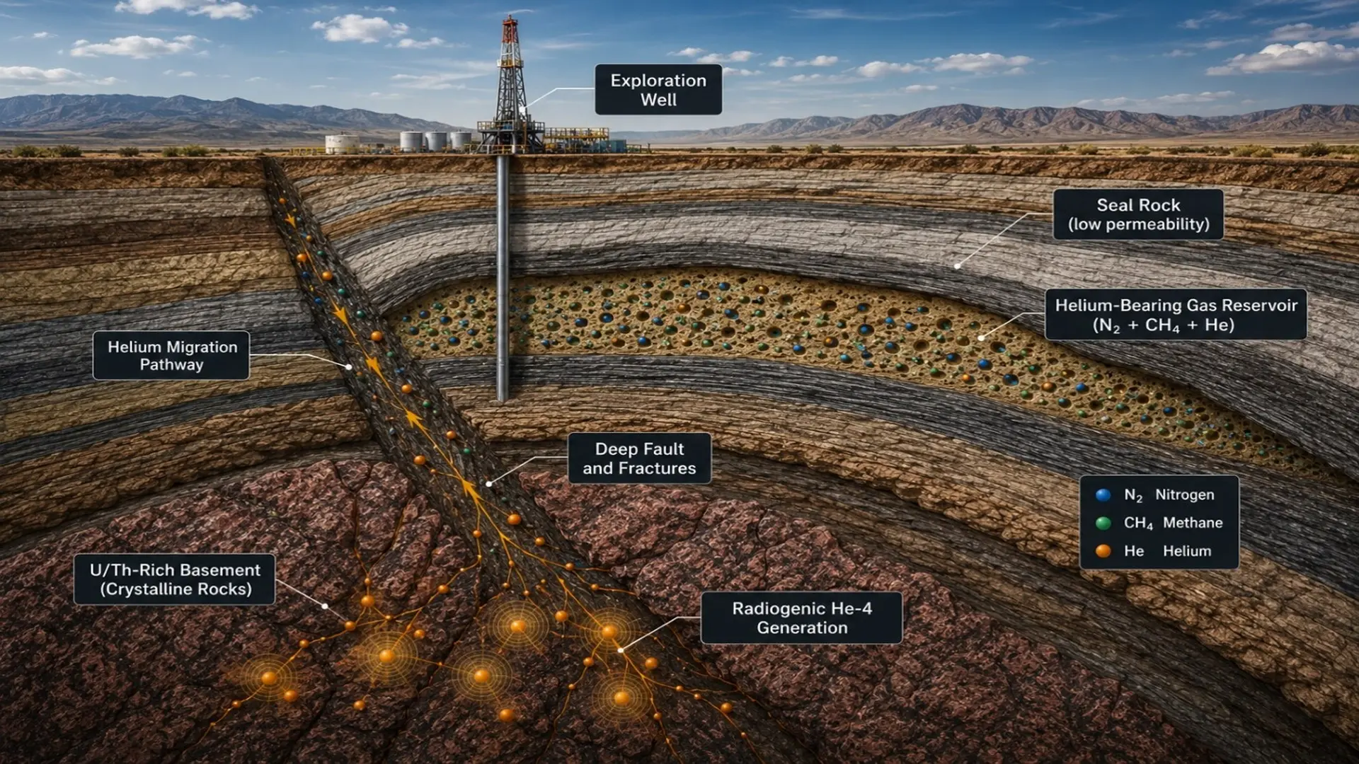 Sistema geológico conceptual del helio: generación radiogénica de He-4 en un basamento rico en uranio y torio, migración a través de fallas profundas y acumulación en un reservorio de gas bajo una roca sello de baja permeabilidad.