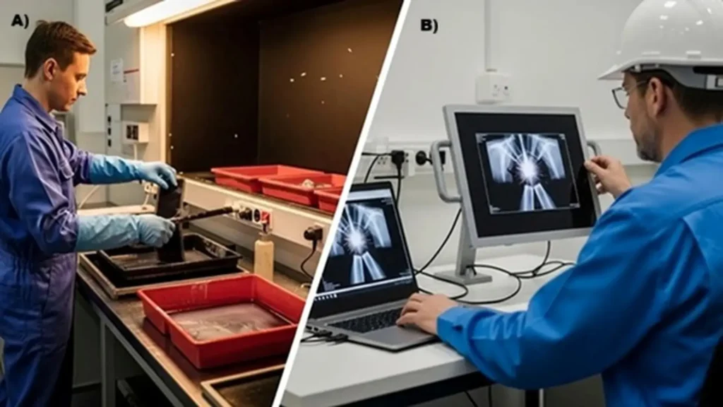 Radiografía industrial de una soldadura: A) Radiografía con película, B) Radiografía digital en tiempo real