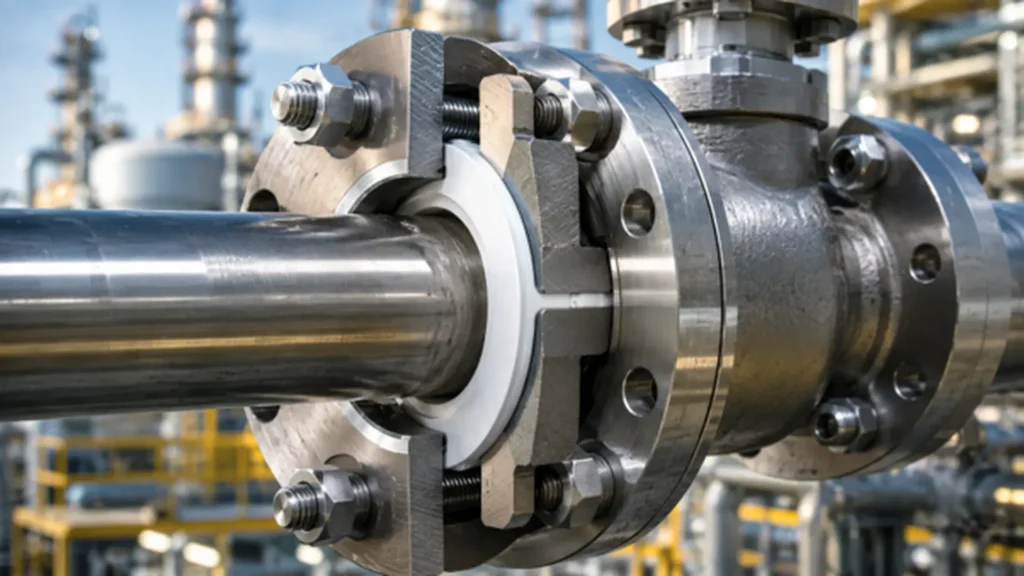 Primer plano de una junta de PTFE comprimida entre conexiones bridadas de tubería para prevenir fugas industriale