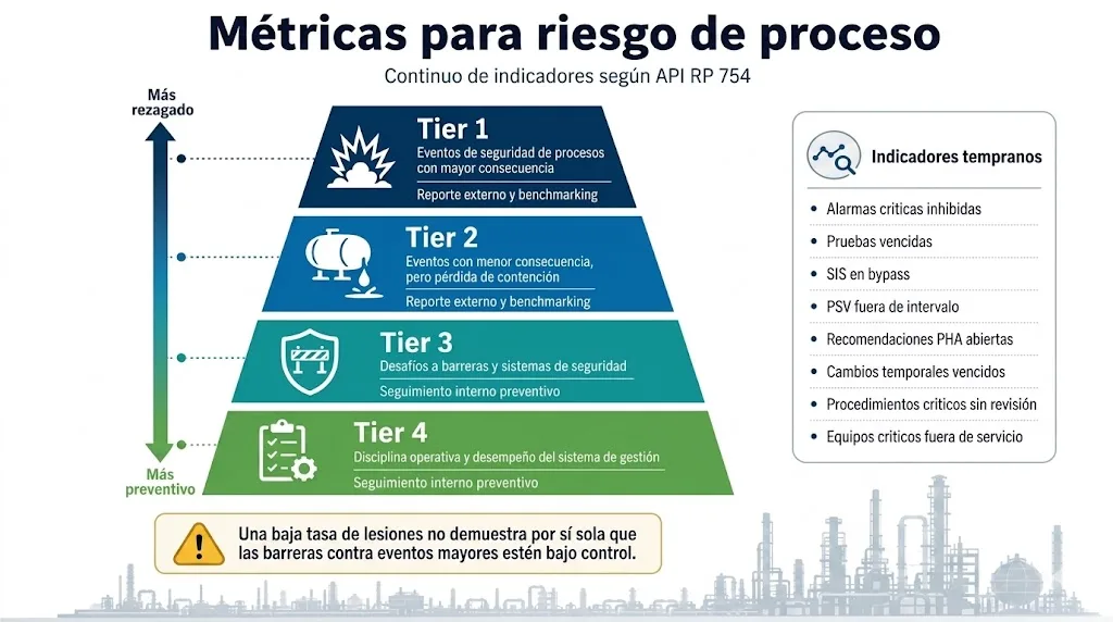 Indicadores de seguridad de procesos: Tier 1 a Tier 4 según API RP 754.