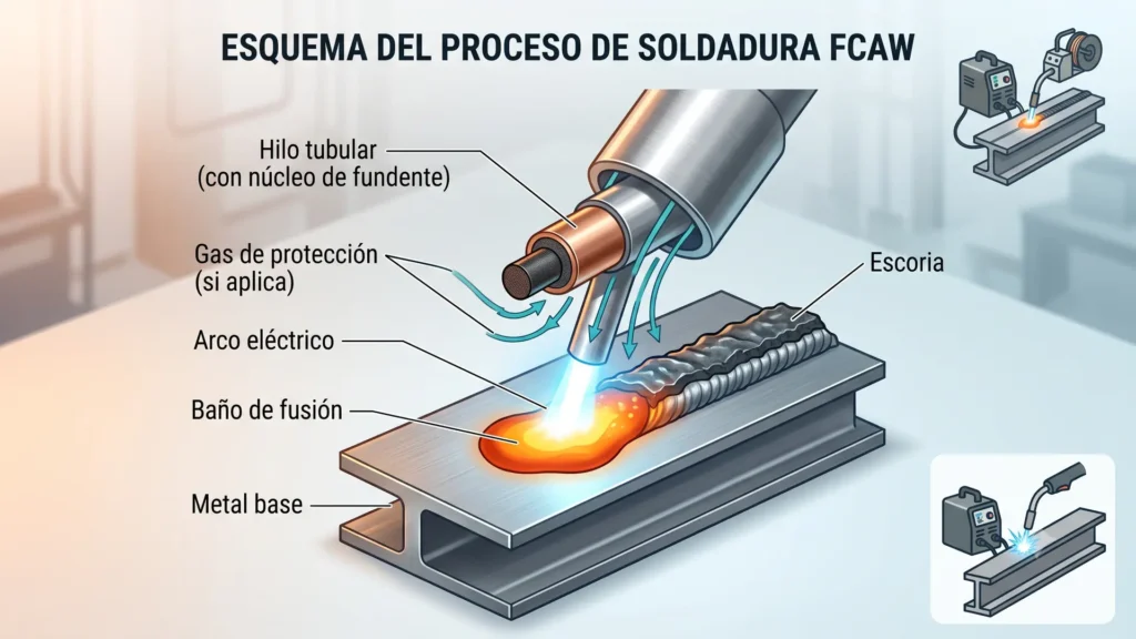 Esquema de Soldadura por arco con núcleo fundente