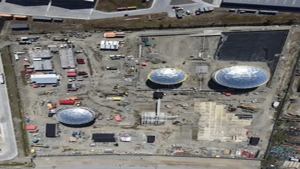Overhead view of the set during construction, with all three geodesic domes installed.