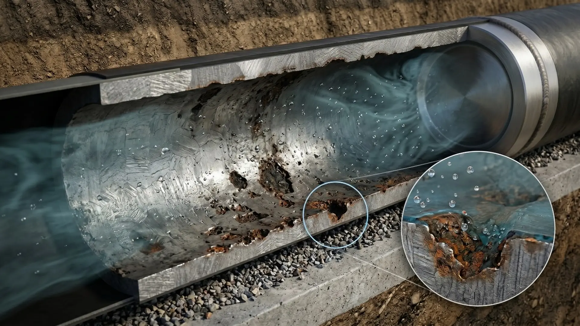 CO₂ pipeline corrosion evidenced by internal pitting and localized wall degradation in transportation infrastructure for CCUS projects.