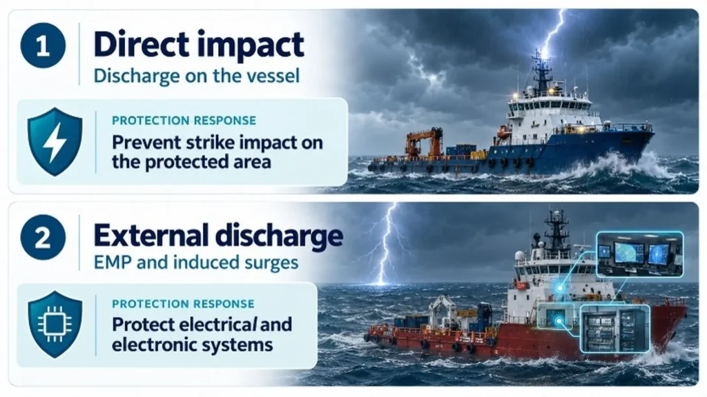 Difference between a direct lightning strike and indirect effects associated with electromagnetic pulses and induced overvoltages on a vessel.