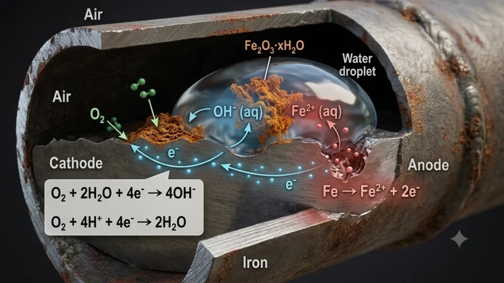 Corrosion control: Oxidation mechanism of Fe in an aerated aqueous medium.
