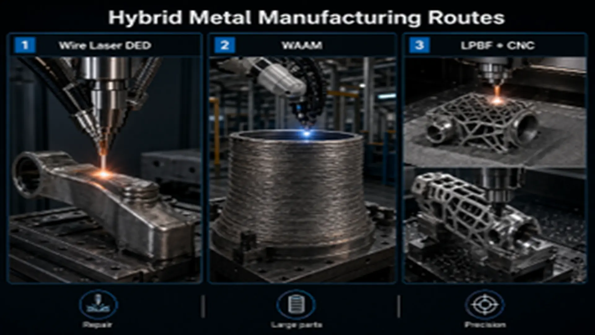 Hybrid metal manufacturing processes: Wire Laser DED, WAAM, and LPBF + CNC.