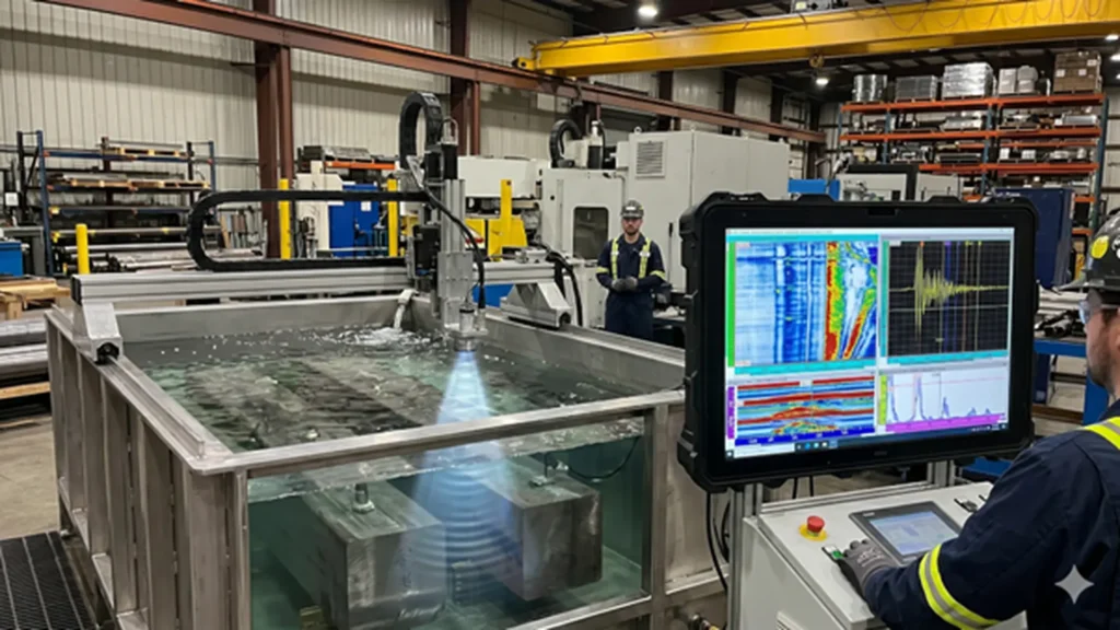 Tanque de inspección por inmersión automatizada con ondas ultrasónicas escaneando billets metálicos y pantalla con software NDT