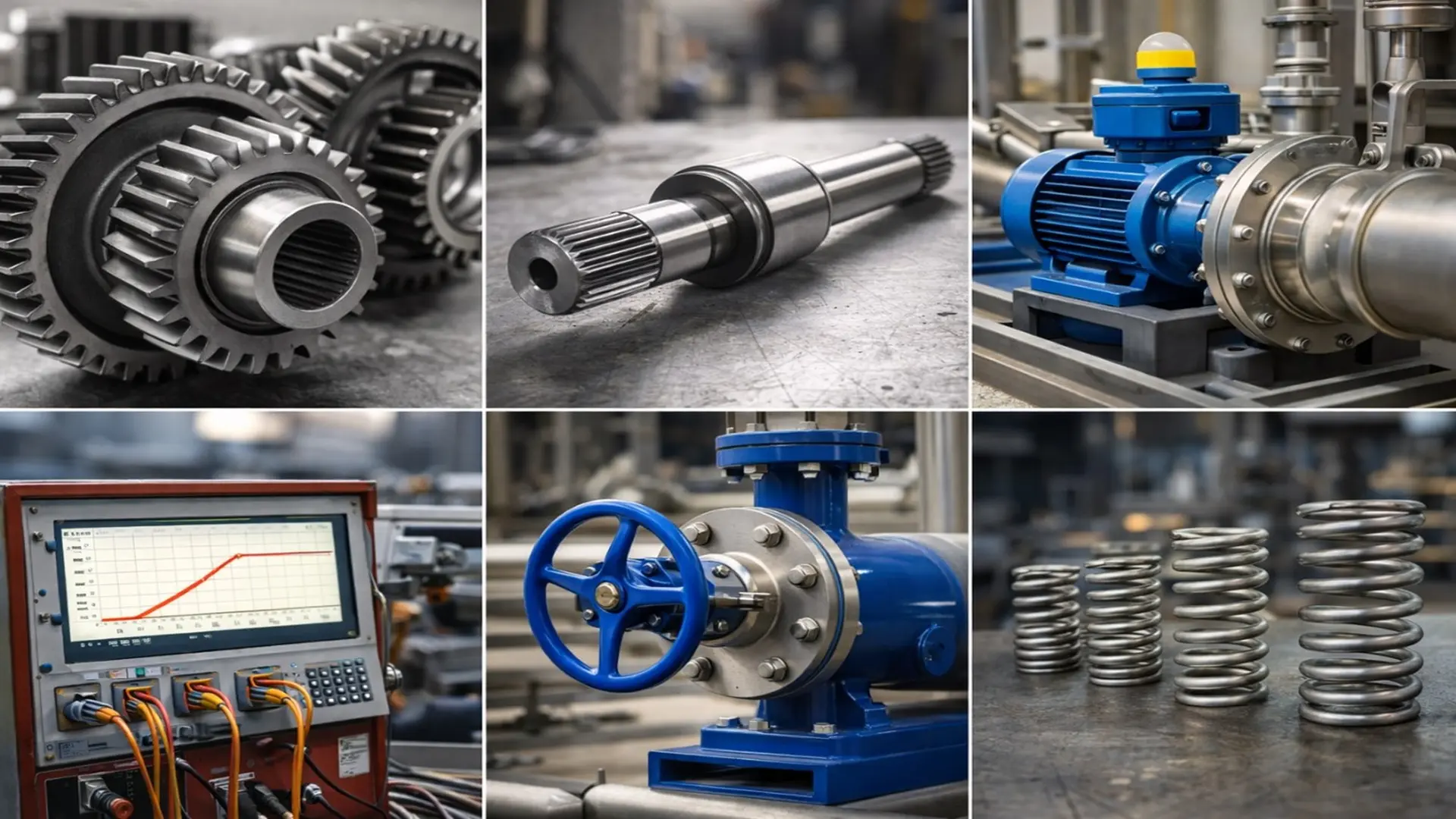 Industrial components with heat treatments: gears, shafts, pumps, valves, and springs used in mechanical, oil & gas, and manufacturing applications.