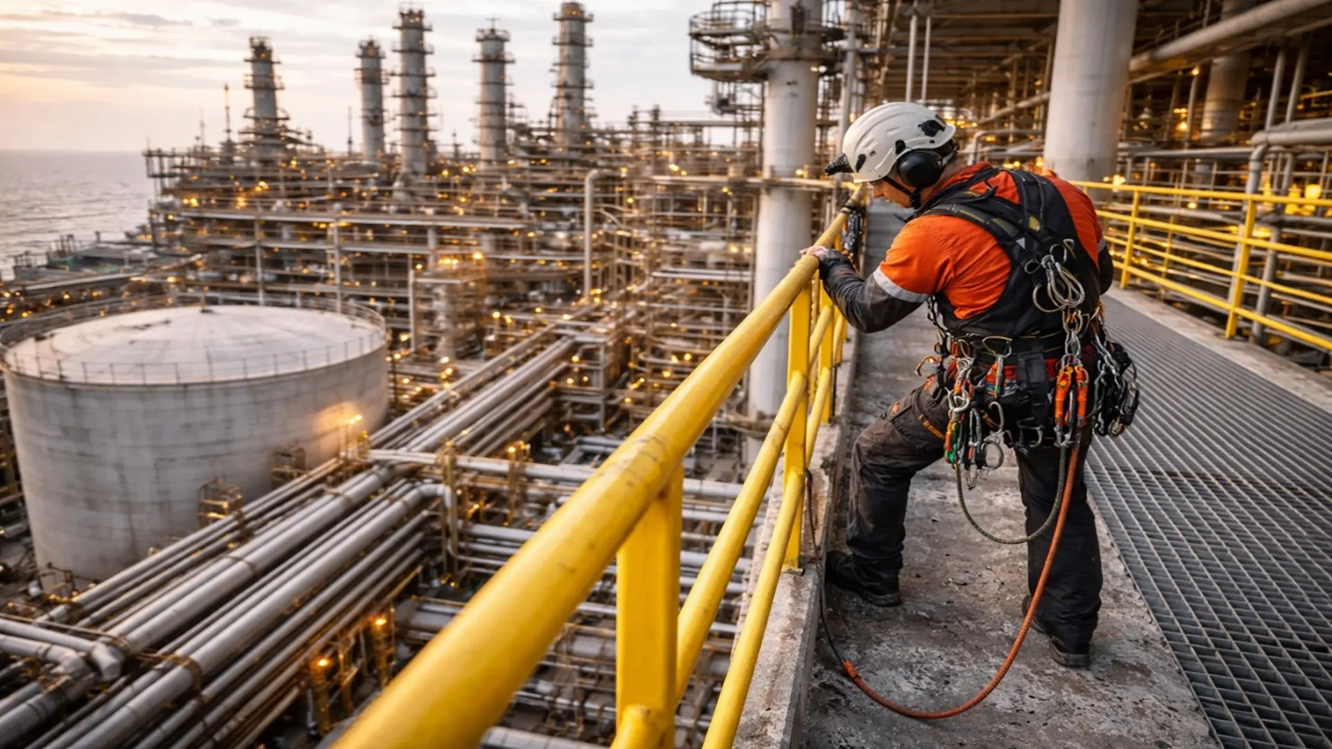 Technician performing work at height in an Oil & Gas refinery using a fall protection system and lifeline on an elevated industrial platform.