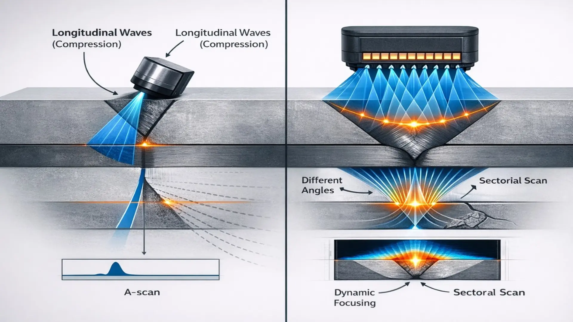 Phased Array Ultrasonic Testing diagram showing ultrasonic wave propagation, sectorial scan and dynamic focusing in welded metal.