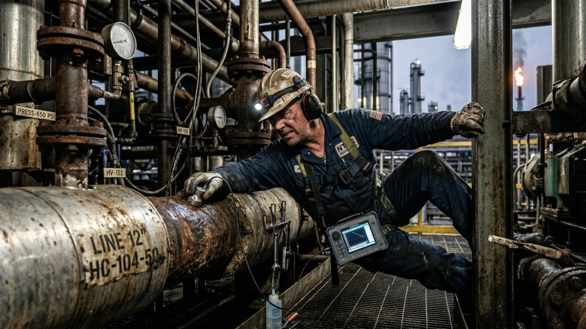 Conventional ultrasonic inspection in industrial piping.