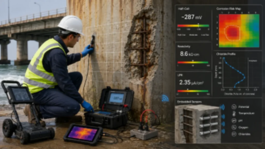 Corrosion assessment in reinforced concrete using electrochemical testing and sensors to predict structural service life.