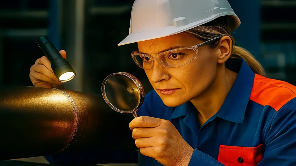 Visual inspection with a magnifying glass on a weld.