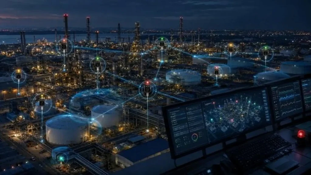 Connected monitoring of toxic and flammable gases in a refinery.