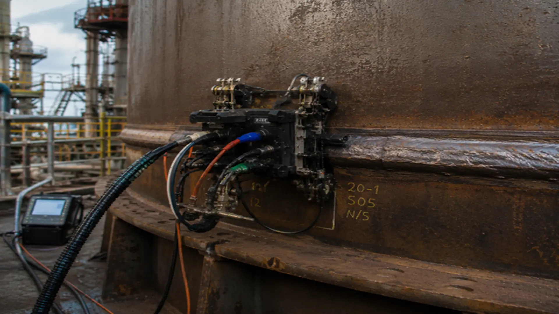 Sistema automatizado de inspección ultrasónica aplicado en tambores de coque industriales.