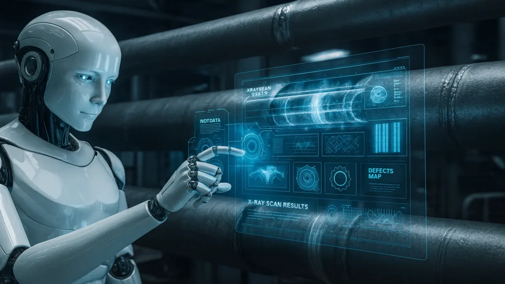 Visualización de inteligencia artificial integrada en radiografía industrial para inspección avanzada y análisis predictivo.