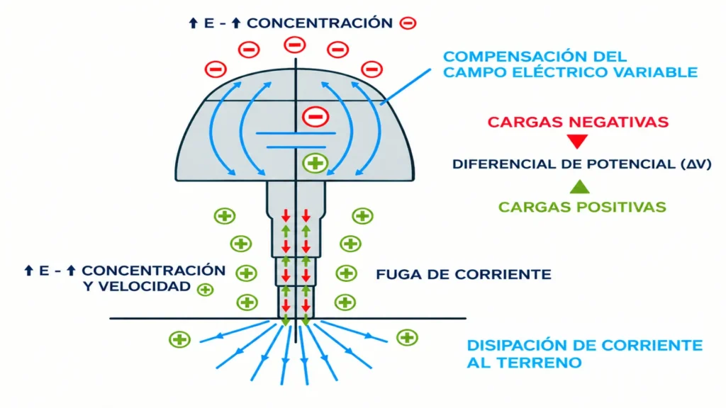 Principio de compensación del campo eléctrico variable y derivación de cargas hacia tierra mediante la tecnología DDCE. Fuente: Dinnteco International.