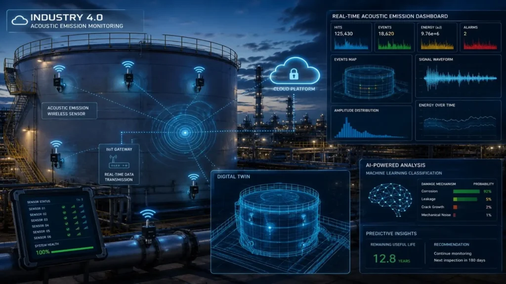Emisión acústica integrada con Industria 4.0 mediante sensores inteligentes, digital twins y análisis predictivo.