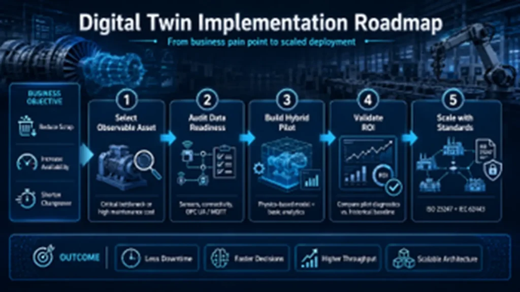 Hoja de ruta para implementar gemelos digitales en manufactura industrial con ISO 23247, datos operativos y validación de ROI.