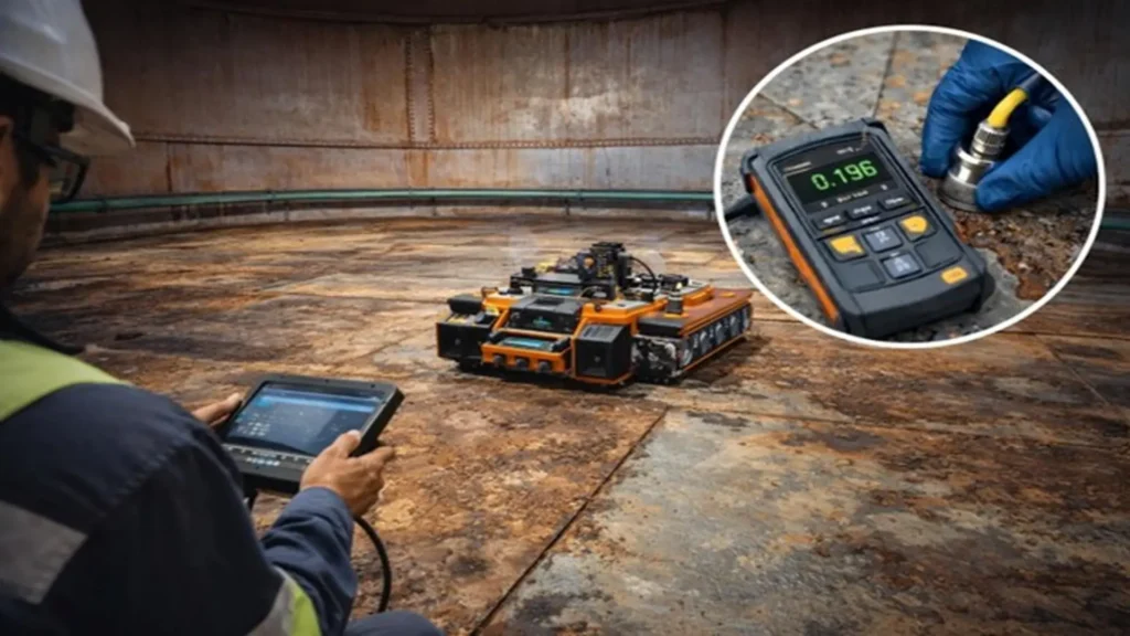 Inspección de piso de tanque con tecnología Magnetic Flux Leakage (MFL).