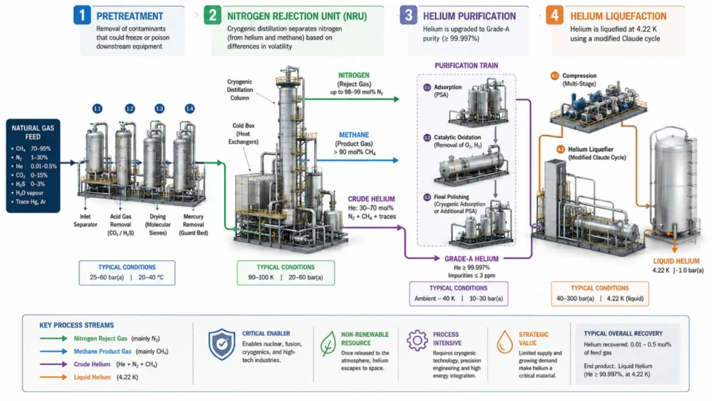 Ruta simplificada de producción de helio a partir del gas natural: pretratamiento de la corriente, separación criogénica en la unidad de rechazo de nitrógeno, purificación a helio grado A y licuefacción a 4,22 K.