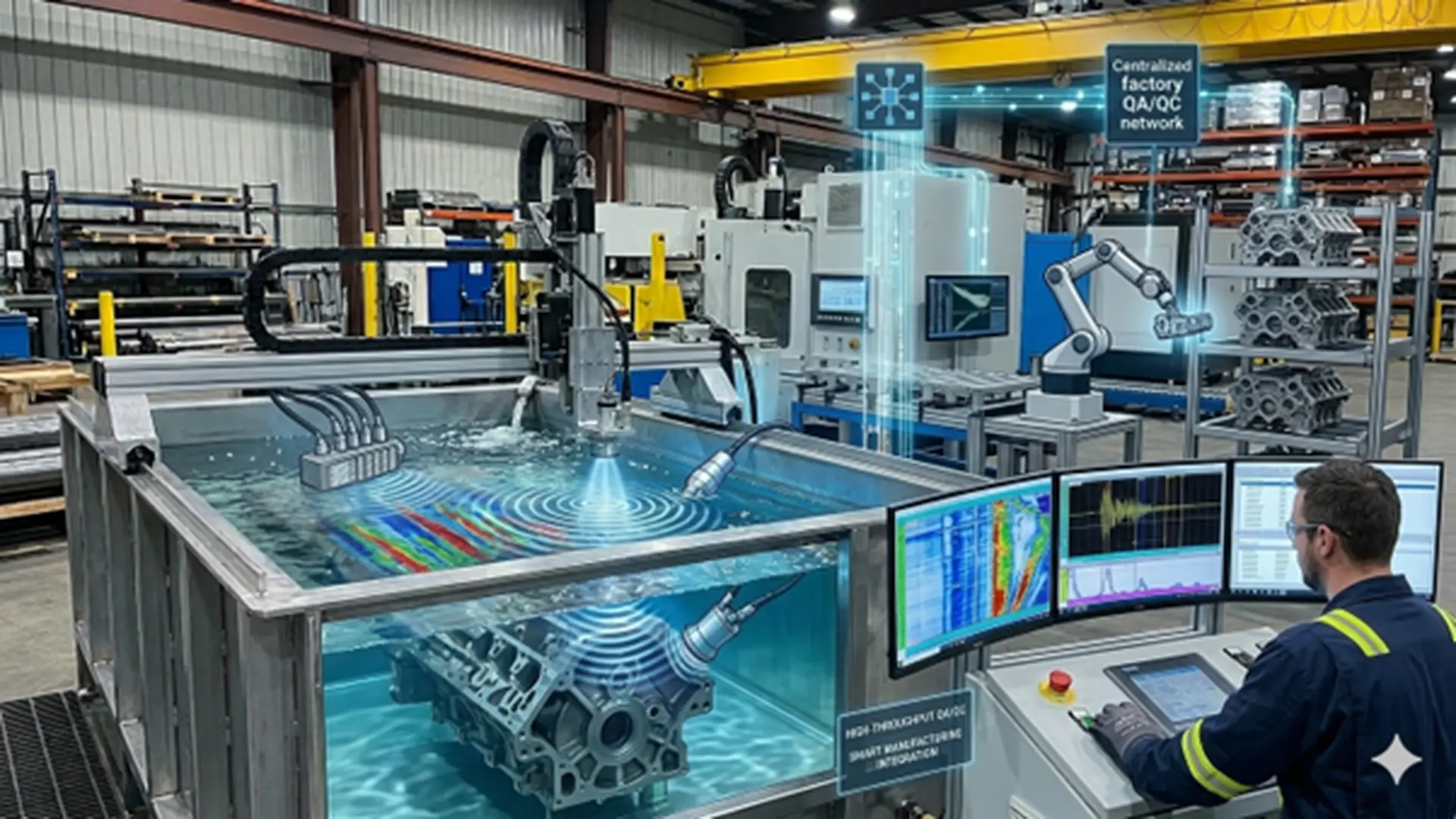 Inspección automatizada por inmersión con tecnología Phased Array y modelado TFM en una pantalla de alta resolución.