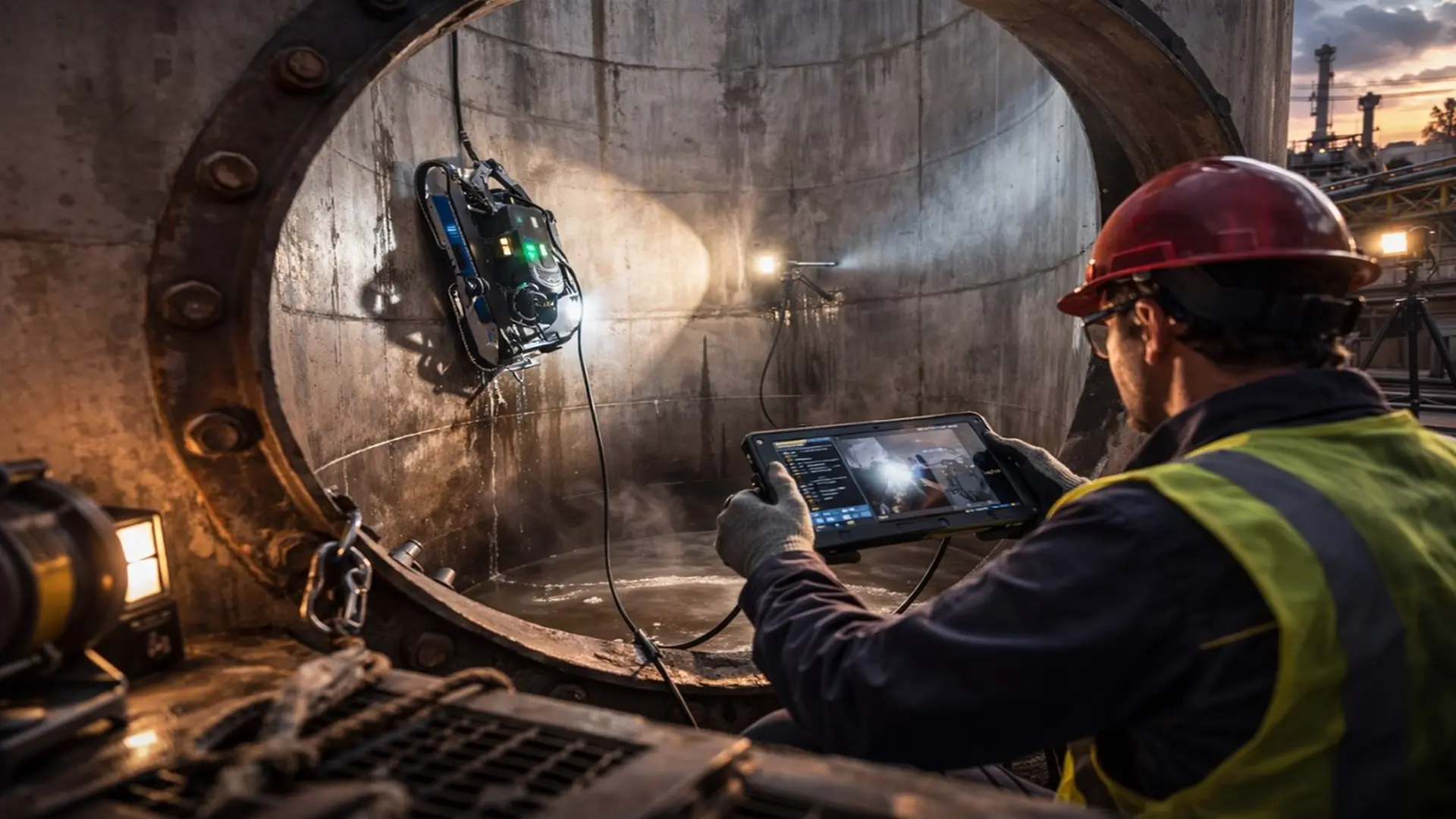 Robot crawler no magnético inspeccionando el interior de un tanque de concreto, operado de forma remota desde el exterior.