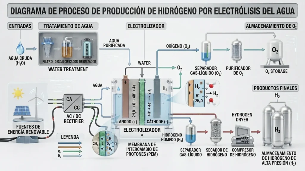 Producción de hidrógeno por electrólisis del agua.