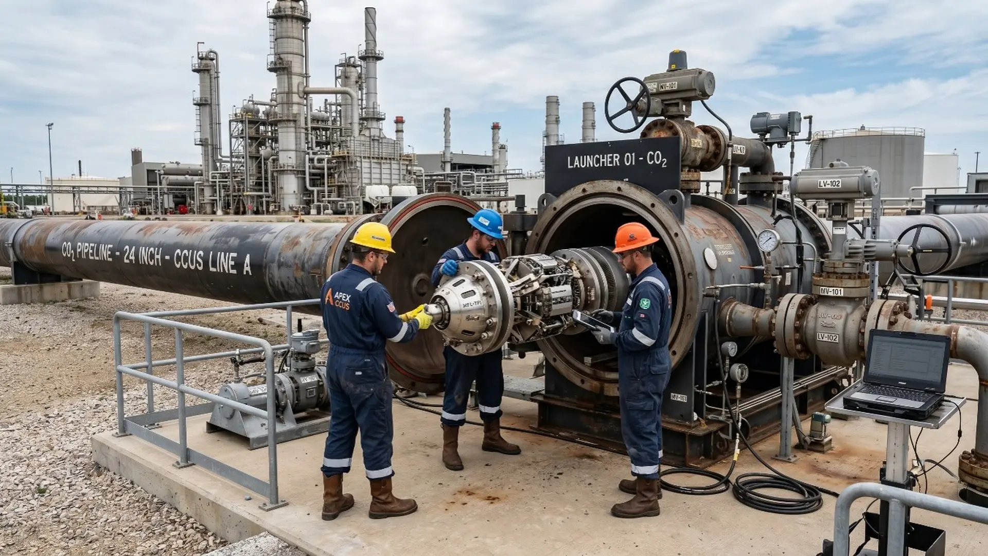 CO₂ pipeline inspection using Inline Inspection (ILI) technology during a pigging operation to assess mechanical integrity in CCUS projects.