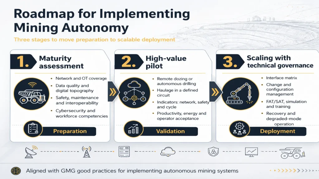 Roadmap for implementing autonomous mining with advanced connectivity and technical governance.