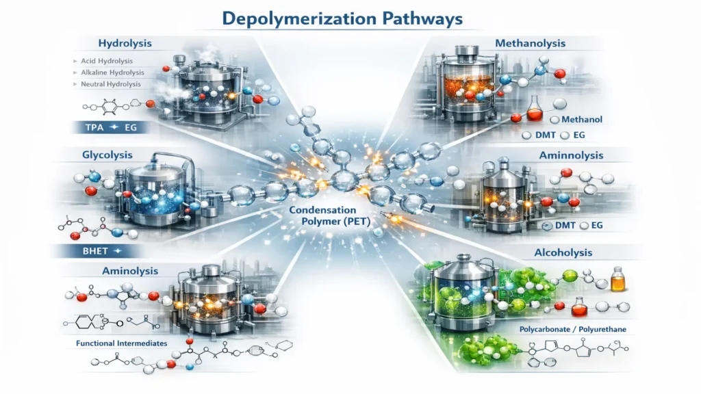 Main routes used in the industrial depolymerization process.