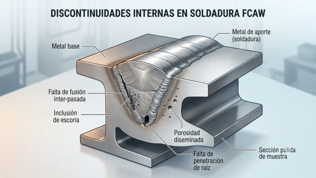 Internal discontinuities in FCAW welds.