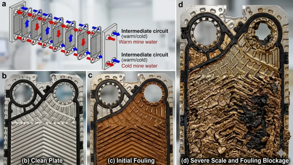 a) Schematic of plate heat exchanger operation; b) Clean plate; c) Initial fouling; d) Severe scaling and blockage.