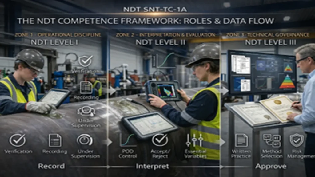 Roles in NDT SNT-TC-1A: Level I records, Level II evaluates, Level III supervises