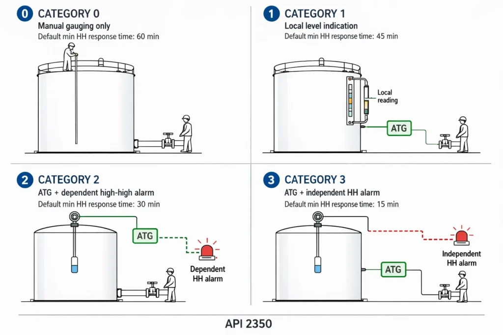 API 2350 Categories for level measurement and High-High (HH) alarm.