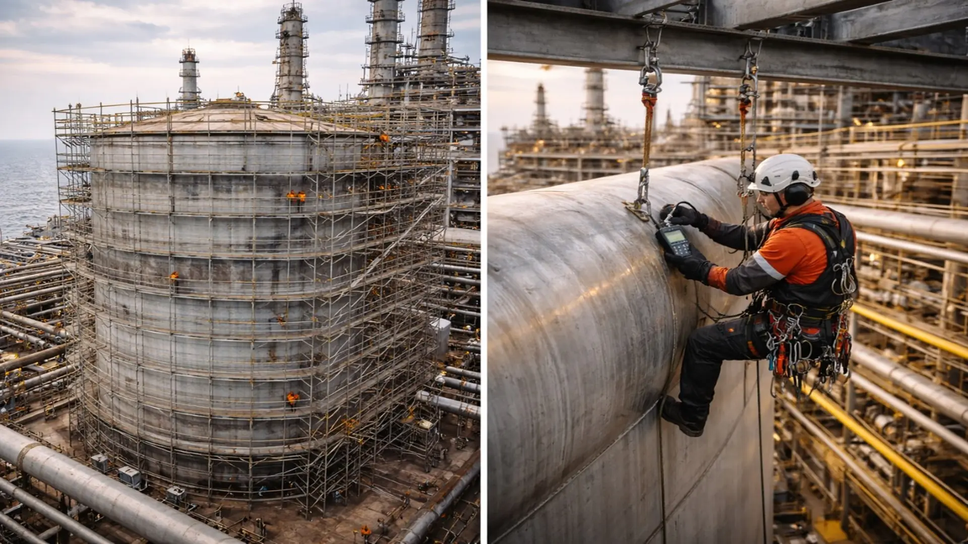 Comparison between scaffolding and rope access on a storage tank in an Oil & Gas refinery, showing large-scale scaffold erection and a technician performing a localized inspection using rope access.