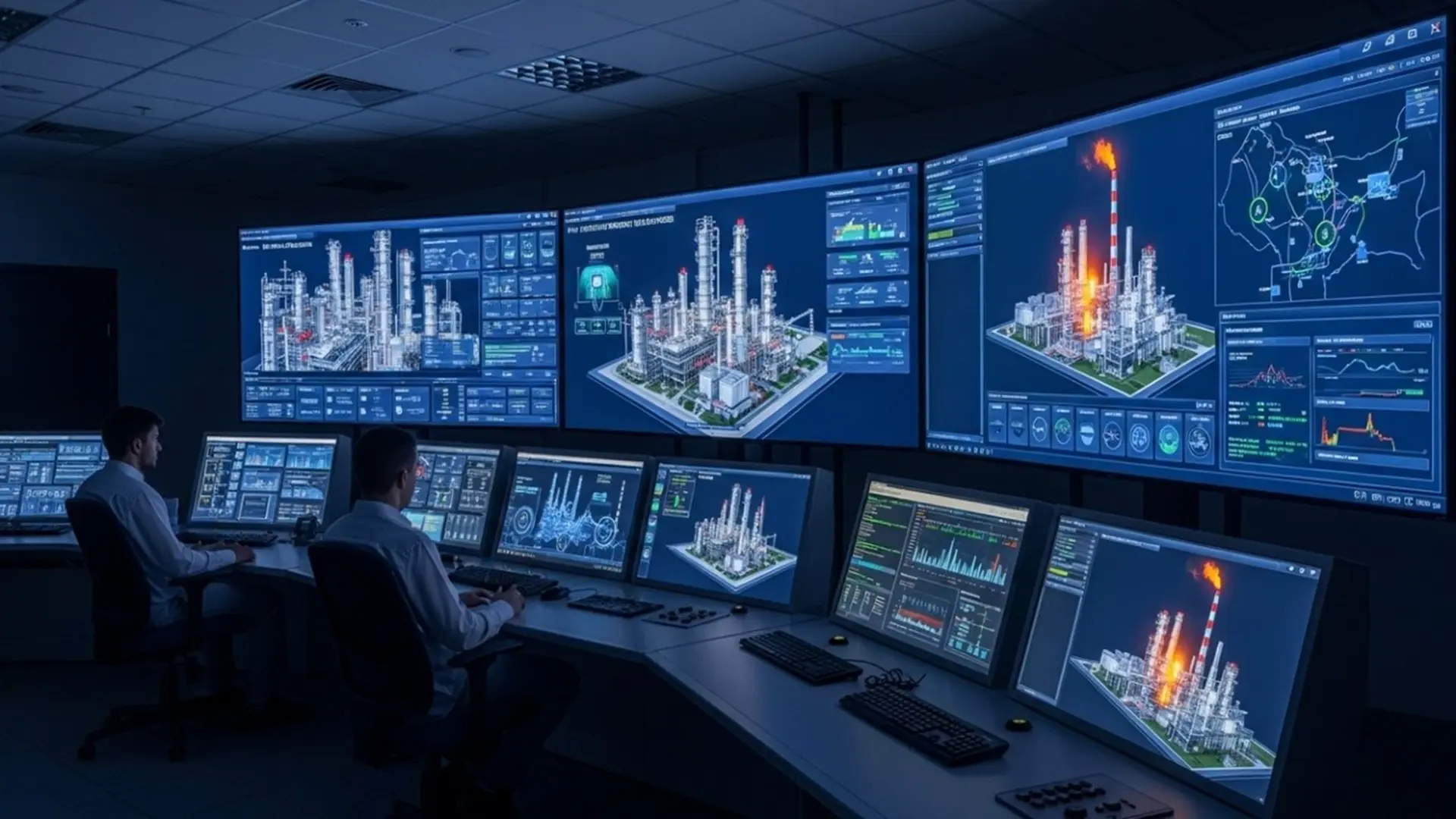 Digital twin visualization and predictive monitoring dashboards used for brownfield refinery restart and integrity assessment.