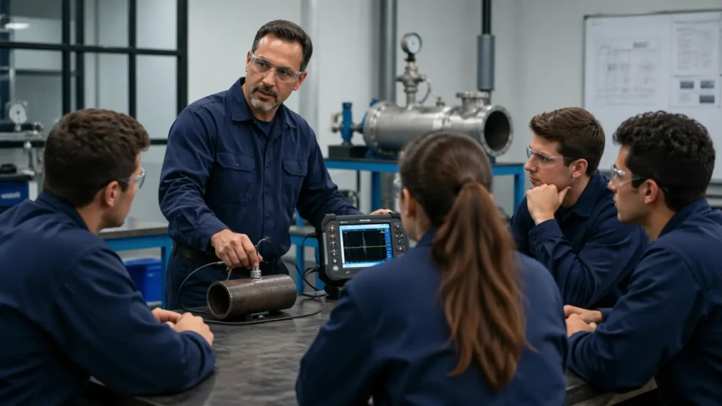 NDT certification training with technical instruction in industrial settings.
