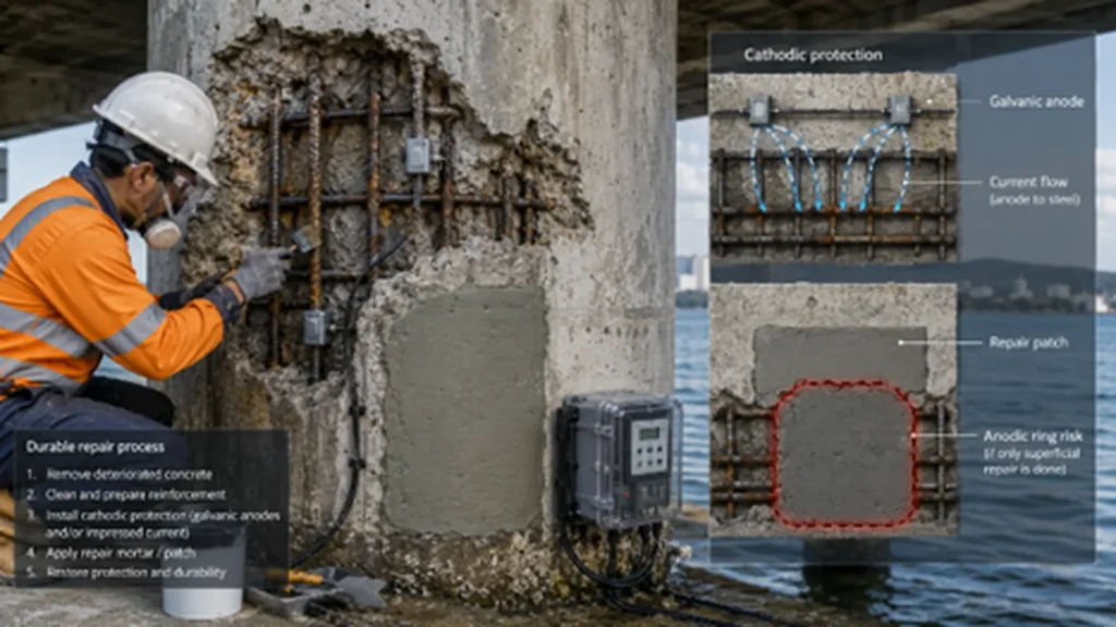  Cathodic protection and durable repair of reinforced concrete.