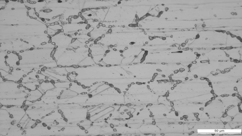 Photomicrograph of 304L stainless steel with intergranular corrosion evaluated according to ASTM A262 Practice A.