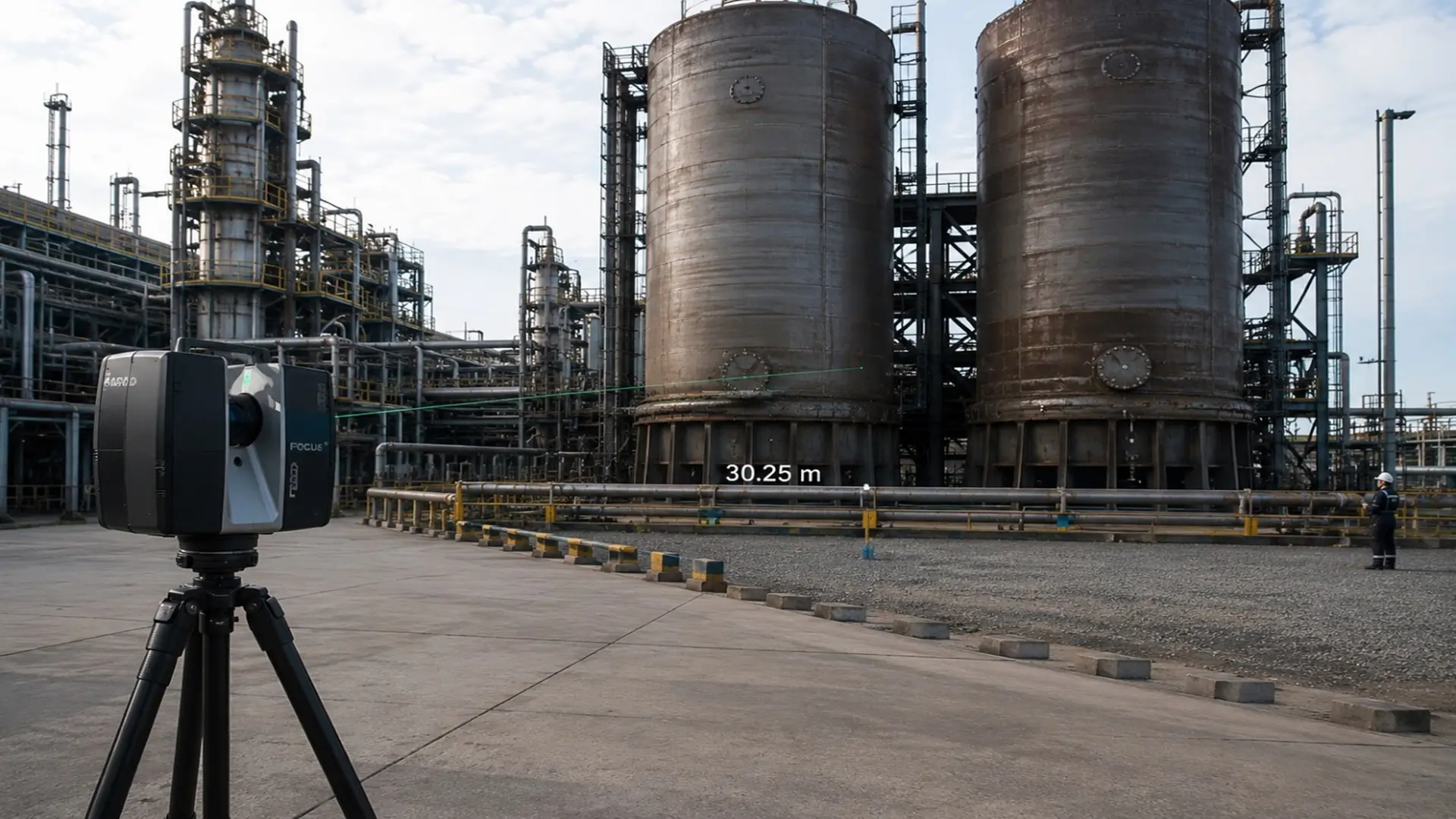 Inspección de tambores de coque mediante escáner láser 3D en refinería petroquímica.