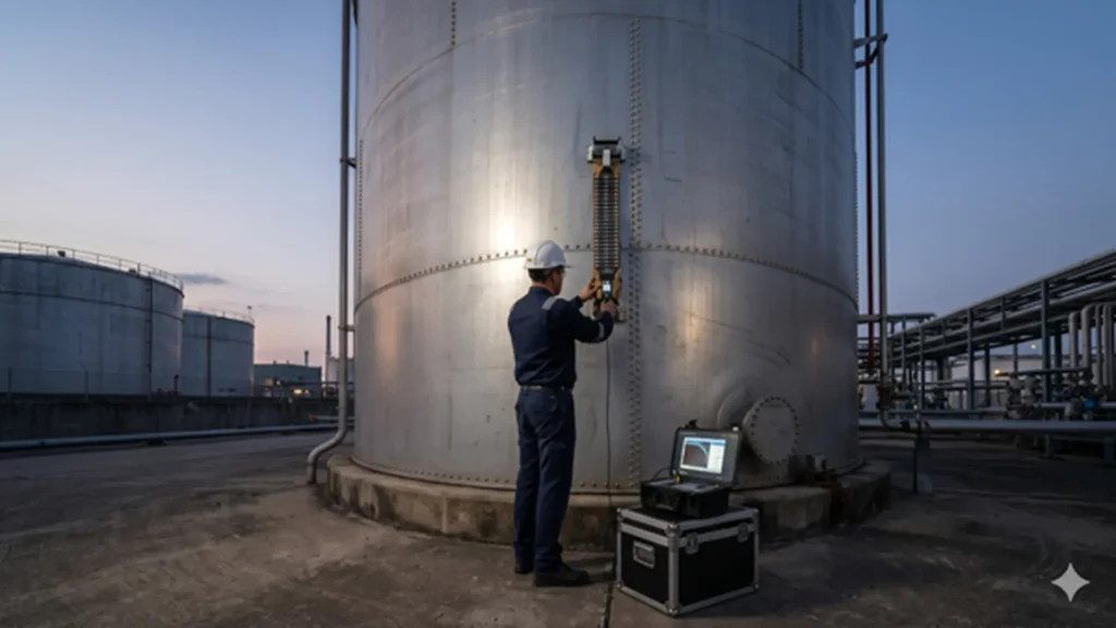 inspection using a flexible eca probe on an industrial tank.