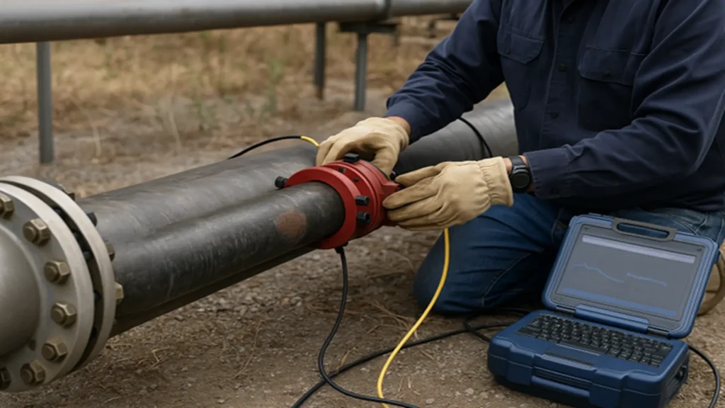 Test with guided waves in the pipe connected to the exchanger.