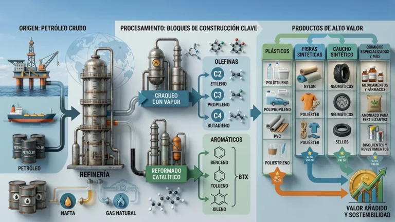 Petrochemicals: From crude oil to high-value chemical products.