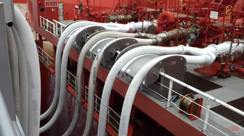 Hoses connected in ship to ship transfers.