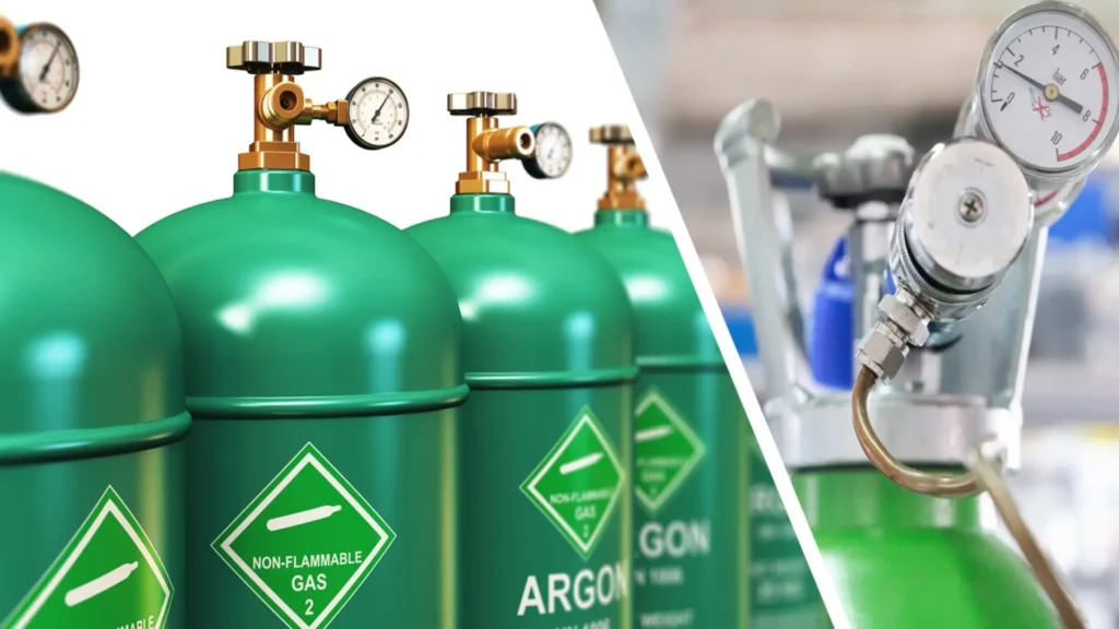 Inert gas cylinder (Argon) for MIG welding with regulating pressure gauges.